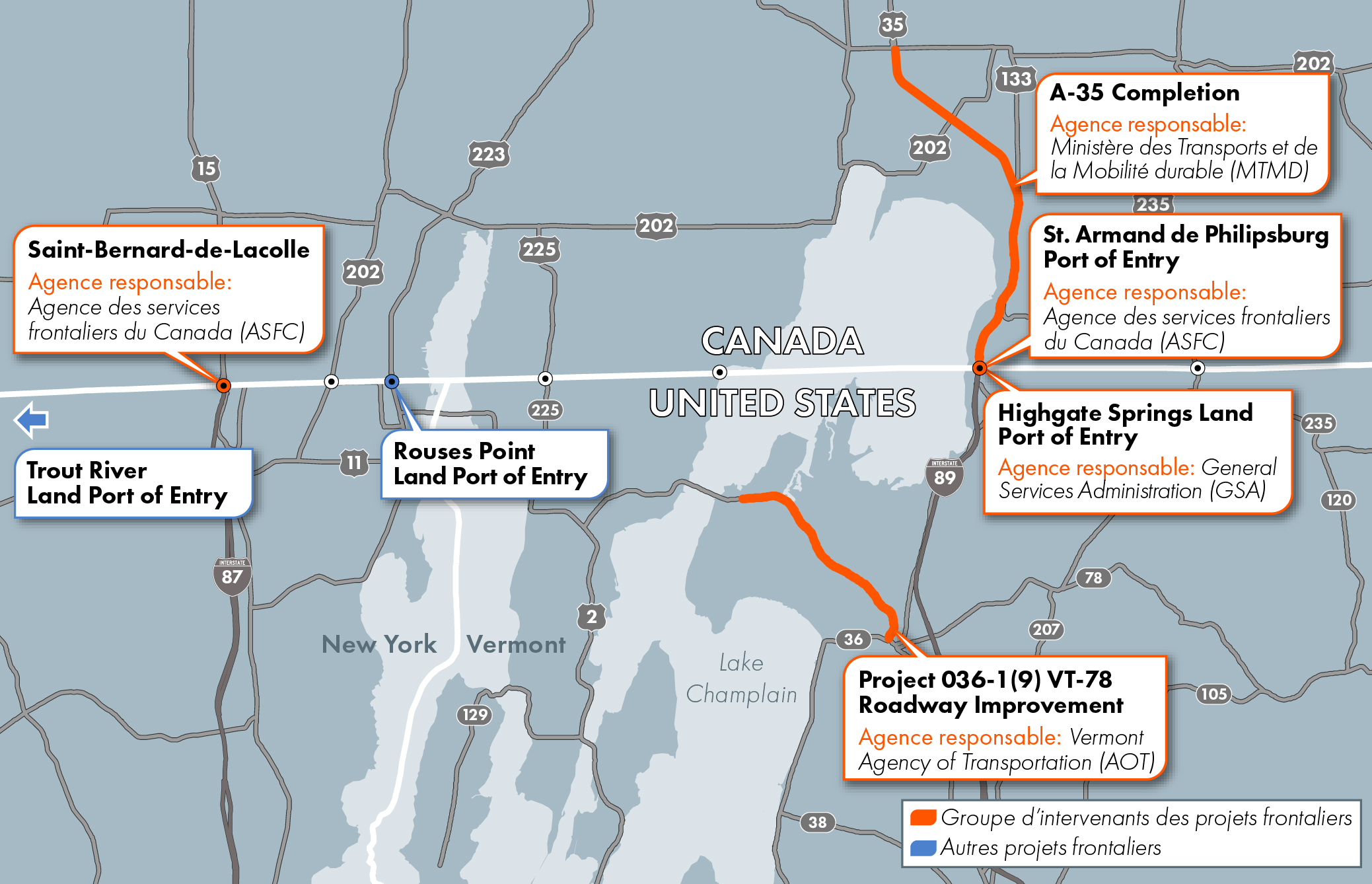 Carte des projets de la région frontalière de Champlain