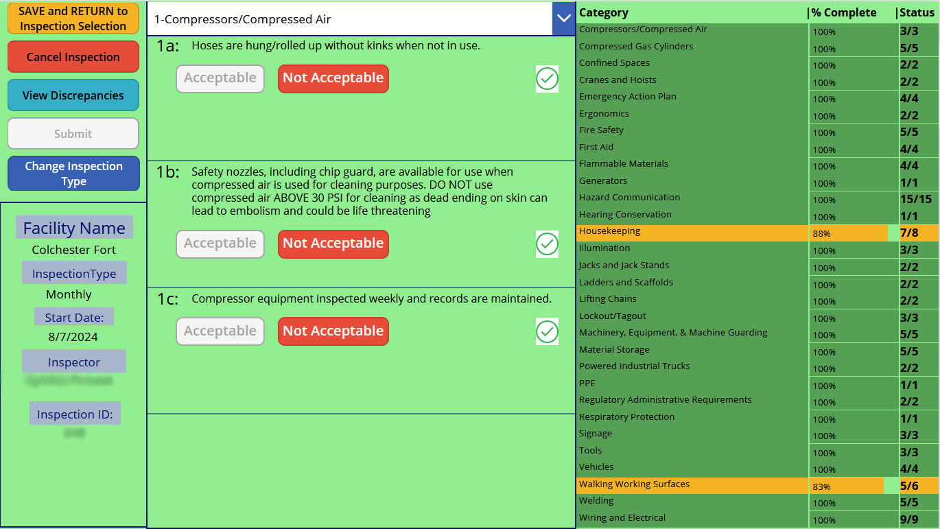 Application used for performing and tracking inspections of tools