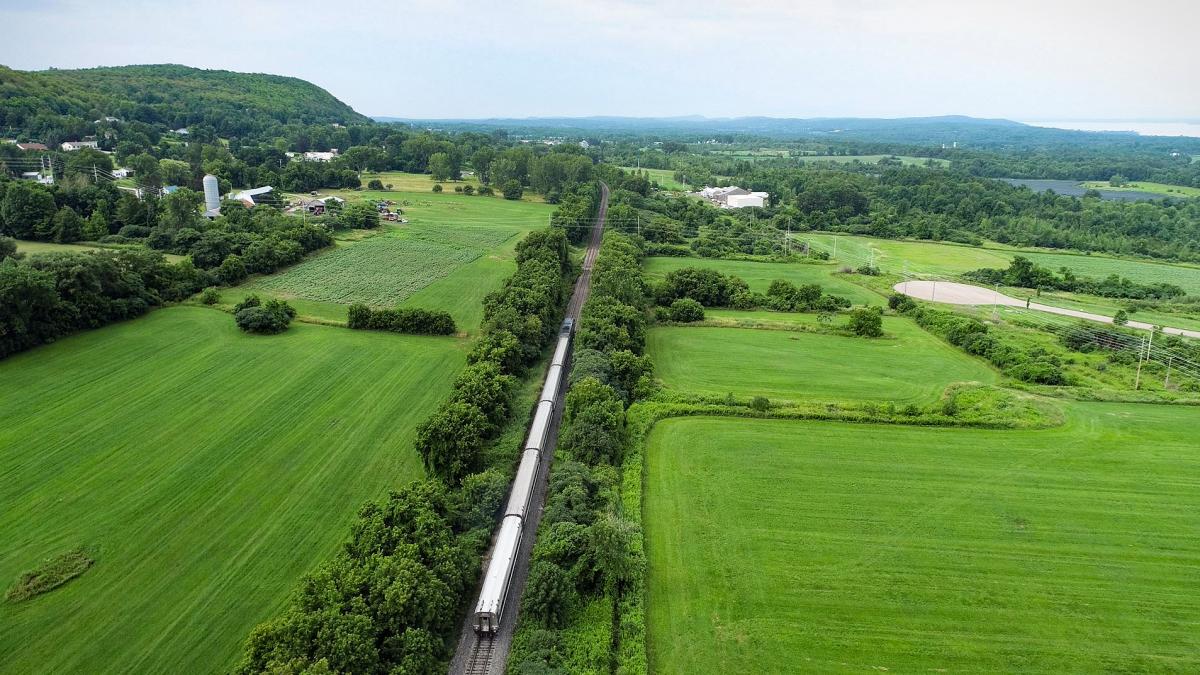 An image of the Amtrak Vermonter headed south as it departs St. Albans, VT